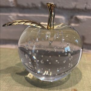 VTG Clear Glass Apple Controlled Bubbles Paperweight‎ with Brass Stem